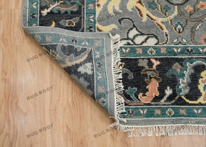 Lucky Shrimp Turkish Rug | Dark Black Acid Gray Oushak Rug | Green Focal Area Rug | Sophisticated Bedroom Wool Rug