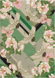 Hand-Tufted Designer Crane and Floral Rug with Viscose Accents 9' x 12' (Green and Pink)