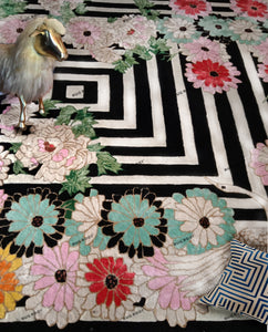 Hand Tufted Floral and Crane Designer Rug with Viscose Accents 10x14 Black & Navy Blue