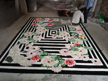 Load image into Gallery viewer, Hand Tufted Floral and Crane Designer Rug with Viscose Accents 10x14 Black &amp; Navy Blue
