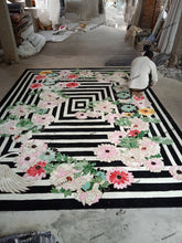 Load image into Gallery viewer, Hand Tufted Floral and Crane Designer Rug with Viscose Accents 10x14 Black &amp; Navy Blue
