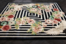 Load image into Gallery viewer, Hand Tufted Floral and Crane Designer Rug with Viscose Accents 10x14 Black &amp; Navy Blue
