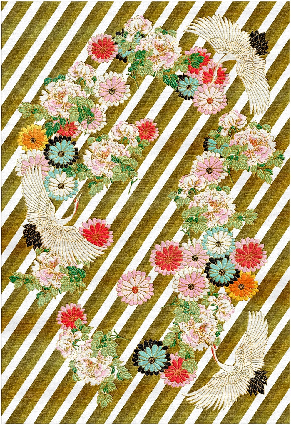 Hand-Tufted Designer Floral Crane Rug - 9' x 12' Gold Color
