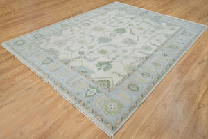 Subtle Oushak Rug with Off White Base, Accented by Coastal Green & Baby Blue