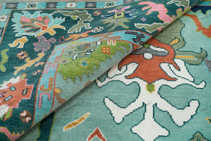 Rug Root Vibrant Aqua and Dark Green Hand-Knotted Oushak Rug