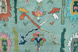 Rug Root Vibrant Aqua and Dark Green Hand-Knotted Oushak Rug