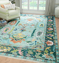 Load image into Gallery viewer, Rug Root Vibrant Aqua and Dark Green Hand-Knotted Oushak Rug
