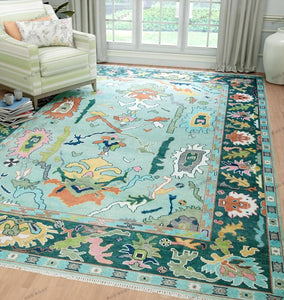 Rug Root Vibrant Aqua and Dark Green Hand-Knotted Oushak Rug