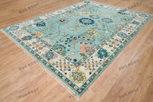 Load image into Gallery viewer, Coastal Oasis Oushak Hand Knotted Aqua Rug with Ivory Accents
