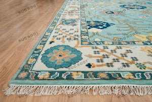 Coastal Oasis Oushak Hand Knotted Aqua Rug with Ivory Accents