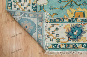 Coastal Oasis Oushak Hand Knotted Aqua Rug with Ivory Accents