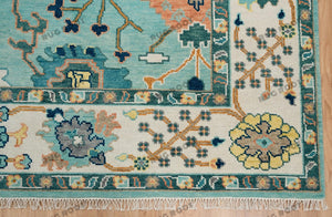 Coastal Oasis Oushak Hand Knotted Aqua Rug with Ivory Accents