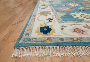 Teal Oushak Rug Handknotted | Turkish Rug with Ivory Accent