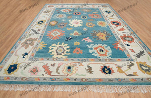 Teal Oushak Rug Handknotted | Turkish Rug with Ivory Accent