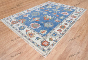 Sapphire Seascape | Handwoven Oushak Rug with Ruby Accents | Blue & Ivory