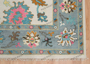 Pink Blue Contemporary Vibrant Turkish Rug | White Blue Oushak Area Rug | Blue Pink Wool Rug in Graphite Details