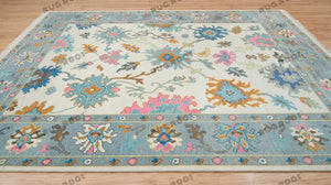 Pink Blue Contemporary Vibrant Turkish Rug | White Blue Oushak Area Rug | Blue Pink Wool Rug in Graphite Details