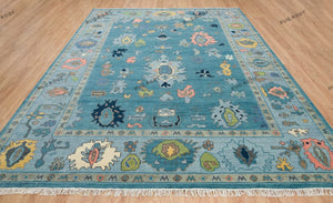 Hand Knotted Oushak Rug in Aqua, Teal, and Navy | Living Room  | Green & Pink Accent
