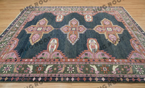 Emerald & Navy Tapestry | Handwoven Turkish Oushak Rug with Pink Accents | Wool