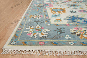 Pink Blue Contemporary Vibrant Turkish Rug | White Blue Oushak Area Rug | Blue Pink Wool Rug in Graphite Details