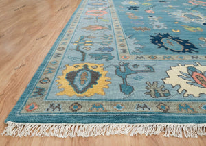 Hand Knotted Oushak Rug in Aqua, Teal, and Navy | Living Room  | Green & Pink Accent