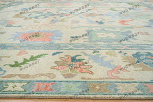 Serene Slumber Sand Oushak Rug with Coral, Green, and Pale Blue Accents