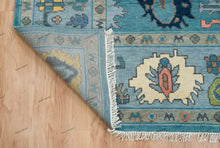 Load image into Gallery viewer, Hand Knotted Oushak Rug in Aqua, Teal, and Navy | Living Room  | Green &amp; Pink Accent
