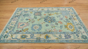 Azure Meadow | Handwoven Oushak Rug with Vibrant Accents | Blue & Green