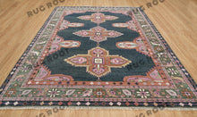 Load image into Gallery viewer, Emerald &amp; Navy Tapestry | Handwoven Turkish Oushak Rug with Pink Accents | Wool
