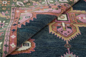 Emerald & Navy Tapestry | Handwoven Turkish Oushak Rug with Pink Accents | Wool