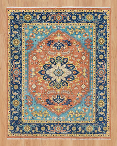 Rug Root Rust, Blue & Gold Hand-Knotted Serapi Rug | Vibrant Wool Carpet | 9'x12'