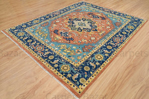 Rug Root Rust, Blue & Gold Hand-Knotted Serapi Rug | Vibrant Wool Carpet | 9'x12'