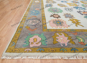 Enchanted Tapestry | Ivory Oushak Rug with Gray Border & Colorful Accents | Wool, Bedroom