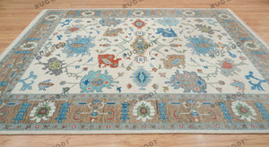 Global Fusion | Handwoven Oushak Rug | Ivory with Sky Blue Accents | Wool, Living Room