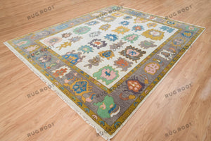 Enchanted Tapestry | Ivory Oushak Rug with Gray Border & Colorful Accents | Wool, Bedroom