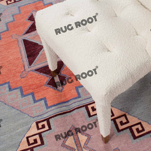 Vintage Turkish Rug | Hand-Knotted Wool Carpet with Geometric Tribal Motifs in Soft Blues and Reds