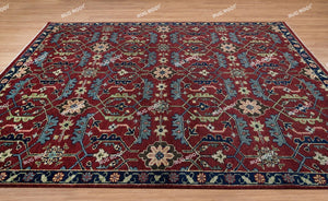 Modern Anatolian Elegance | Hand-Knotted Turkish Wool Rug in Deep Red and Navy