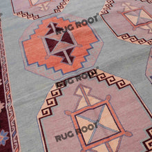 Load image into Gallery viewer, Vintage Turkish Rug | Hand-Knotted Wool Carpet with Geometric Tribal Motifs in Soft Blues and Reds
