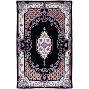 Vintage Hand Tufted Black Floral Medallion Rug - Classic Design