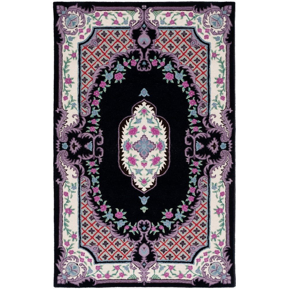 Vintage Hand Tufted Black Floral Medallion Rug - Classic Design