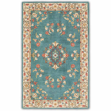 Teal Floral Medallion Vintage Rug with Hand-Tufted Floral Patterns