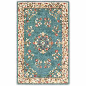 Teal Floral Medallion Vintage Rug with Hand-Tufted Floral Patterns