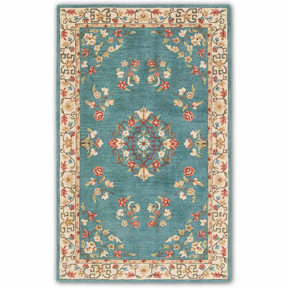 Teal Floral Medallion Vintage Rug with Hand-Tufted Floral Patterns