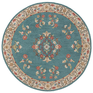 Vintage Hand Tufted Rug Medallion Floral Classic Design Teal Color 9x12