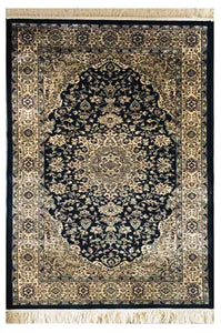 Kashmiri Silk Carpet For Living Room Center Medallion | Black Color | RUG ROOT